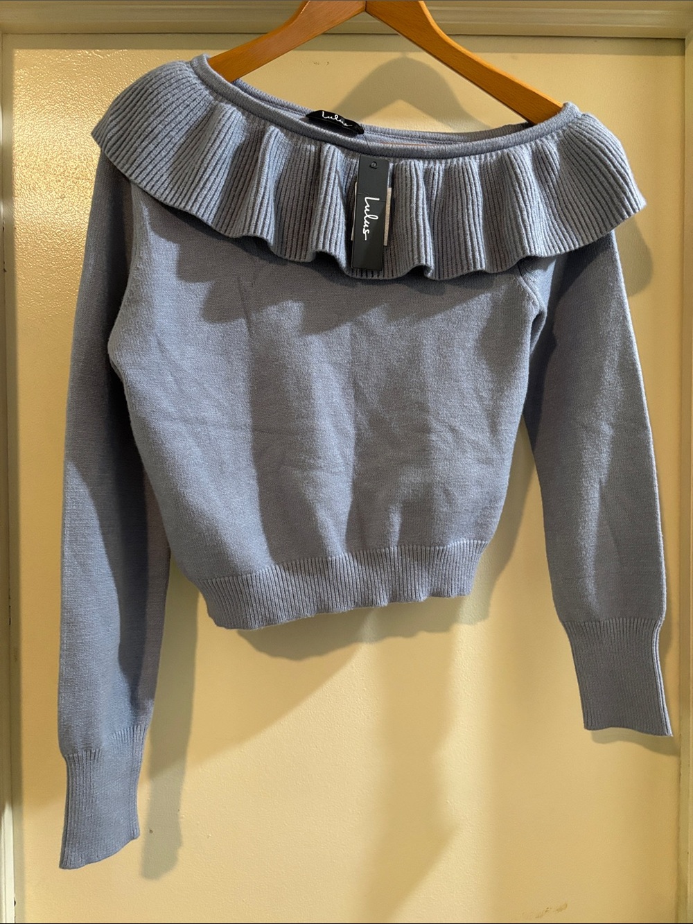 Lulu's Off-the-Shoulder Ruffle Knit Sweater - Dusty Blue NWT Size XL